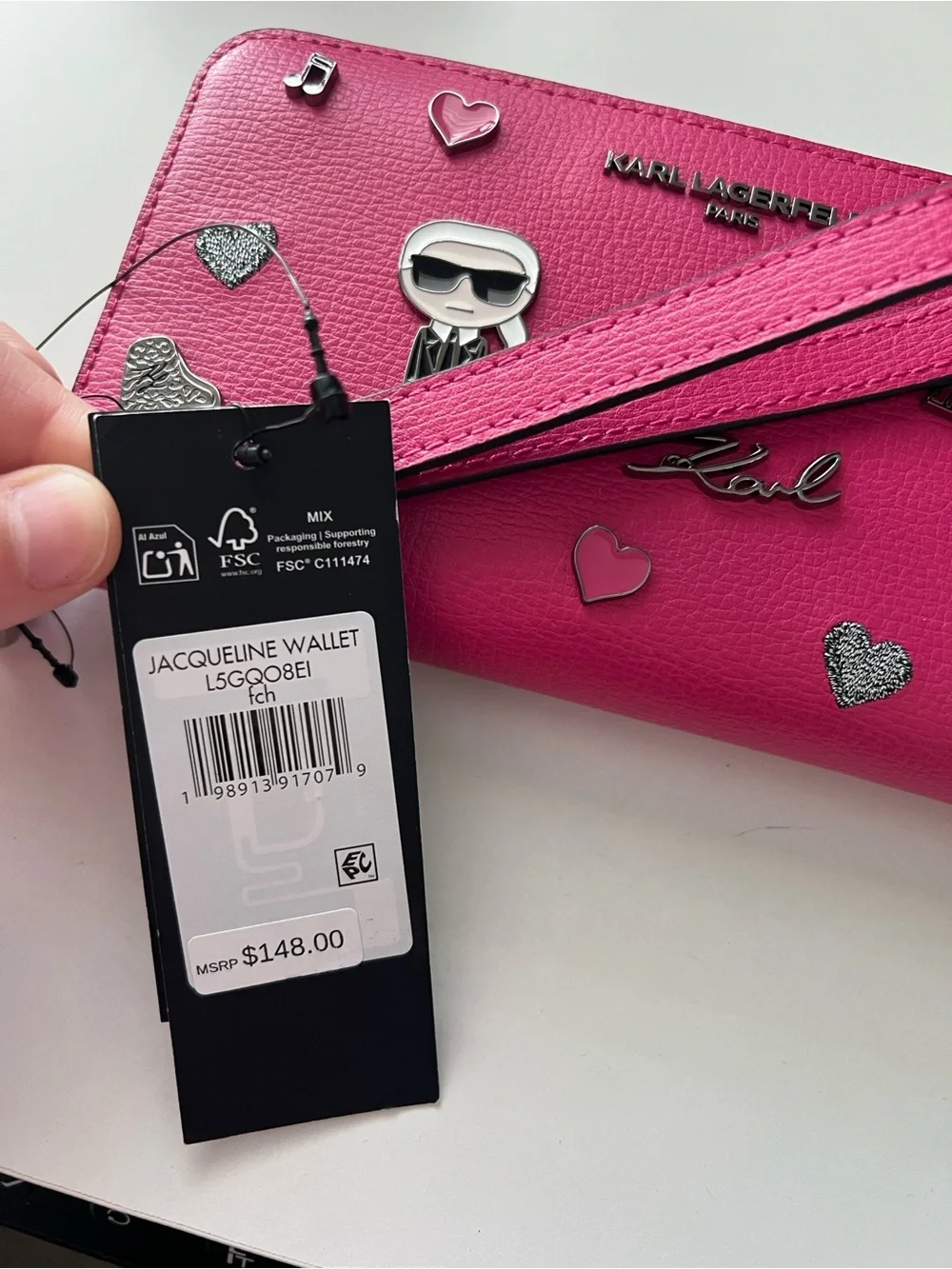 Karl Lagerfeld Hot Pink Leather Zip Wristlet with Charms